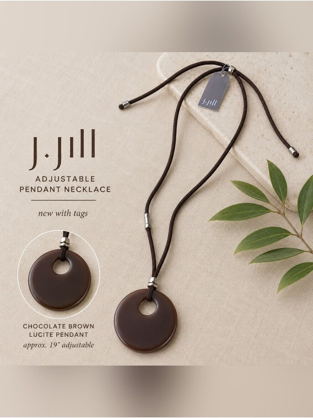 J.Jill Chocolate Brown Lucite Pendant Necklace Adjustable Slider Cord NWT